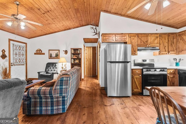 62 Nocona Trl, Ellijay, GA 30536 - kitchen featuring appliances with stainless steel finishes, a ceiling fan, under cabinet range hood, wood ceiling, and vaulted ceiling