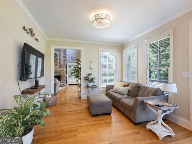 70 Baker Pond Ct, Jefferson, GA 30549 - living area featuring ornamental molding, light wood-style flooring, a fireplace, and baseboards