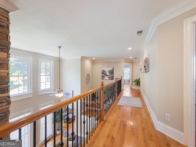 70 Baker Pond Ct, Jefferson, GA 30549 - hallway featuring light wood finished floors, baseboards, ornamental molding, recessed lighting, and an upstairs landing