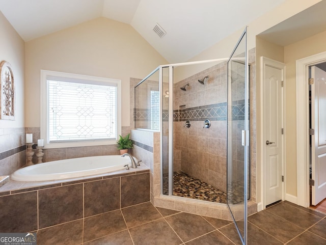 70 Baker Pond Ct, Jefferson, GA 30549 - full bath with a garden tub, tile patterned floors, a stall shower, and lofted ceiling
