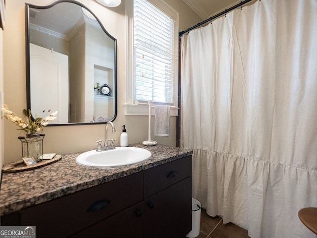 70 Baker Pond Ct, Jefferson, GA 30549 - full bathroom with crown molding, vanity, tile patterned flooring, and a shower with curtain
