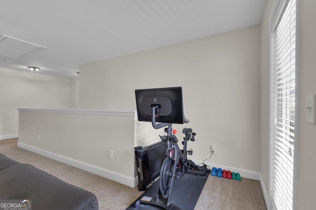 206 Roundwood Way, Peachtree City, GA 30269 - exercise area with carpet flooring and attic access