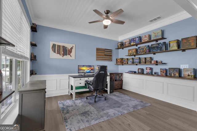 206 Roundwood Way, Peachtree City, GA 30269 - office area with crown molding, a ceiling fan, wood finished floors, and a wainscoted wall