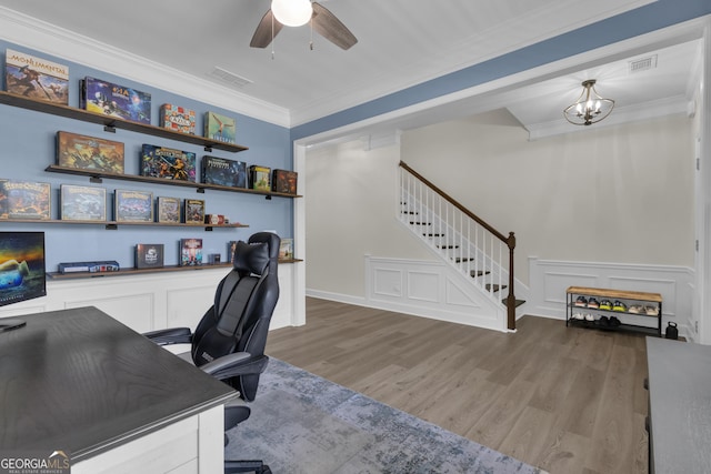 206 Roundwood Way, Peachtree City, GA 30269 - office area with crown molding, wood finished floors, a ceiling fan, and a chandelier