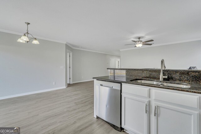 17 Sandy Point Way, Port Wentworth, GA 31407 - kitchen with stainless steel dishwasher, a sink, ornamental molding, white cabinetry, and ceiling fan