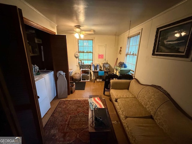 1268 Woodland Rd NE, Conyers, GA 30012 - living room with washer and dryer, ceiling fan, and plenty of natural light