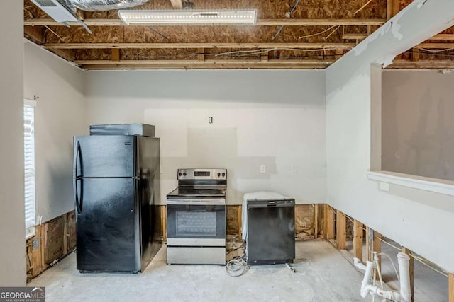 2255 Bigwood Trl, Atlanta, GA 30349 - kitchen featuring freestanding refrigerator, stainless steel electric range oven, concrete floors, and plenty of natural light