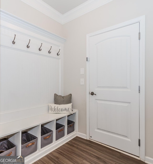 1243 Glenville Ct, Hoschton, GA 30548 - mudroom with ornamental molding, dark wood-style flooring, and baseboards