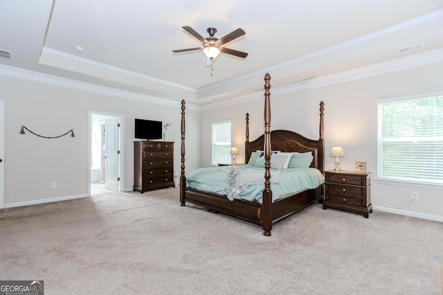 1243 Glenville Ct, Hoschton, GA 30548 - bedroom with a raised ceiling, multiple windows, light carpet, and ornamental molding