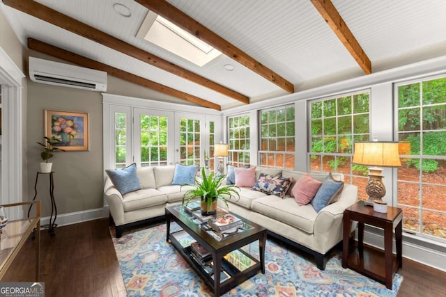 1540 Kinglet Ln, Marietta, GA 30062 - sunroom / solarium with french doors, an AC wall unit, a skylight, baseboards, and wood finished floors