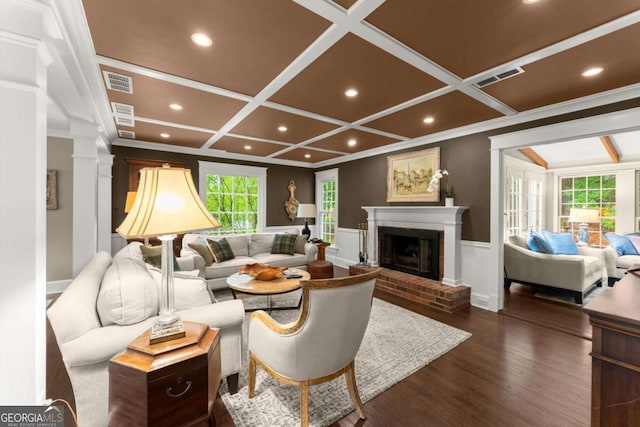 1540 Kinglet Ln, Marietta, GA 30062 - living area with coffered ceiling, dark wood-type flooring, wainscoting, a fireplace, and recessed lighting