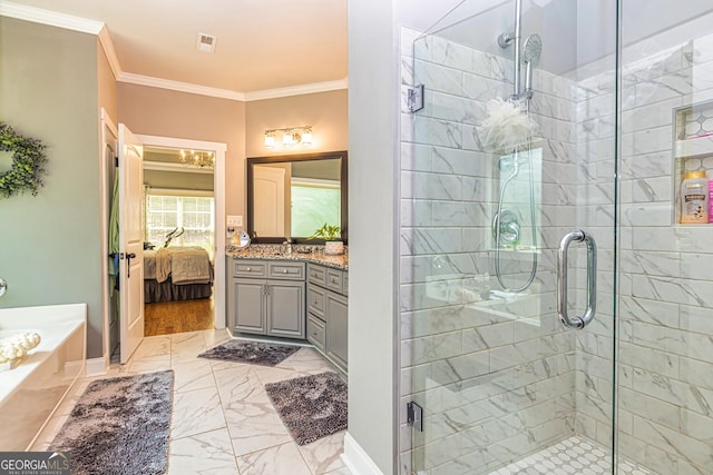 172 Walden Pond Trl, Senoia, GA 30276 - ensuite bathroom with marble look tile flooring, a bath, a shower stall, vanity, and ornamental molding