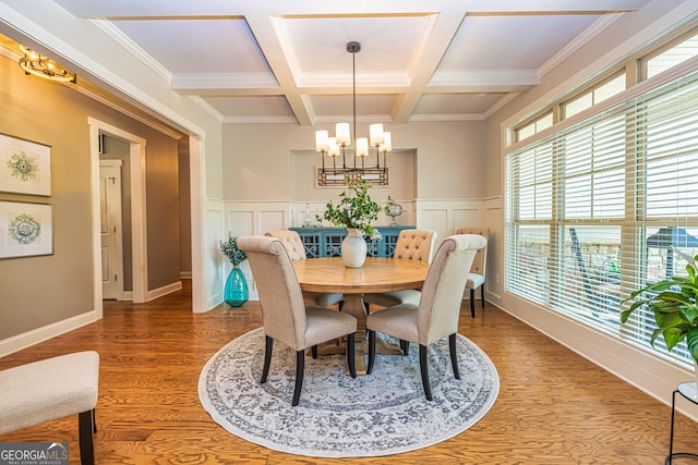 172 Walden Pond Trl, Senoia, GA 30276 - dining room with a chandelier, coffered ceiling, light wood-type flooring, beamed ceiling, and a wainscoted wall