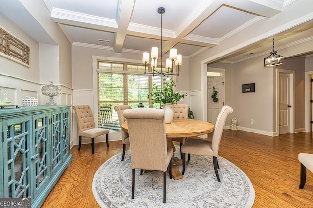 172 Walden Pond Trl, Senoia, GA 30276 - dining area featuring a chandelier, coffered ceiling, light wood-style flooring, a decorative wall, and beam ceiling