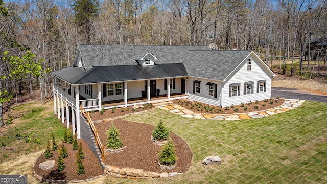 219 Fairview Dr, Morganton, GA 30560 - view of front of home with a porch, a front yard, asphalt driveway, a metal roof, and roof with shingles