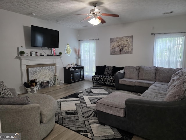 10315 Whisper Glen Dr, Midland, GA 31820 - living area with wood finished floors, ceiling fan, a fireplace, and a textured ceiling