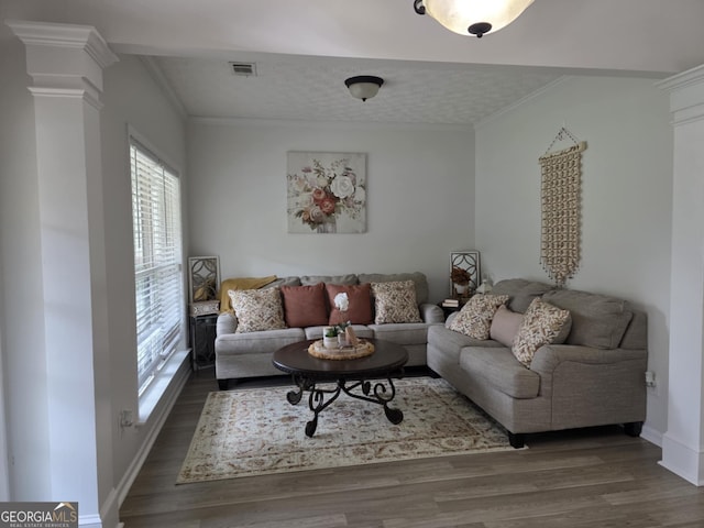 10315 Whisper Glen Dr, Midland, GA 31820 - living area with crown molding, wood finished floors, decorative columns, and baseboards
