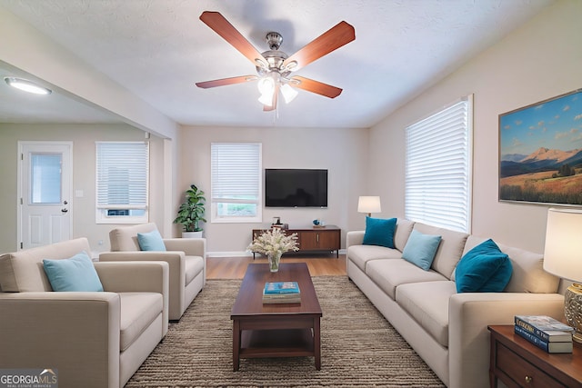4457 Lincoln Jones Rd, Ellenwood, GA 30294 - living area featuring wood finished floors, a ceiling fan, and baseboards
