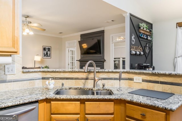 271 Double Gate Ct, Sugar Hill, GA 30518 - kitchen featuring stainless steel dishwasher, ceiling fan, light stone countertops, backsplash, and crown molding