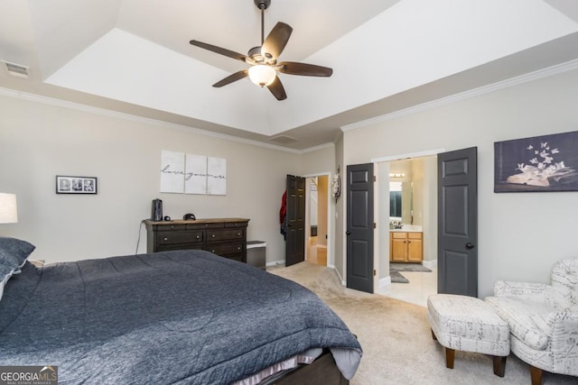 271 Double Gate Ct, Sugar Hill, GA 30518 - bedroom featuring light colored carpet, ornamental molding, ensuite bathroom, a ceiling fan, and a tray ceiling