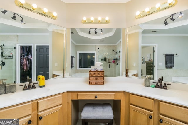 271 Double Gate Ct, Sugar Hill, GA 30518 - bathroom with a stall shower, vanity, a spacious closet, crown molding, and a bath