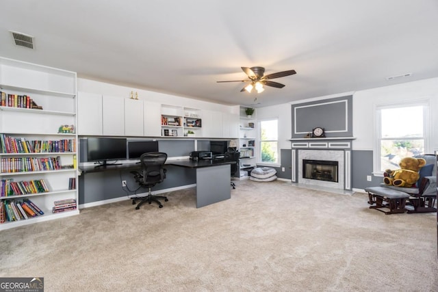 271 Double Gate Ct, Sugar Hill, GA 30518 - carpeted office space with ceiling fan and a fireplace