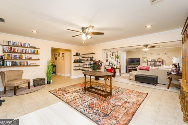 271 Double Gate Ct, Sugar Hill, GA 30518 - tiled living area with ceiling fan, ornamental molding, and recessed lighting