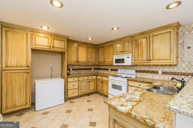 271 Double Gate Ct, Sugar Hill, GA 30518 - kitchen featuring white appliances, light stone countertops, tasteful backsplash, and recessed lighting