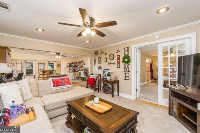 271 Double Gate Ct, Sugar Hill, GA 30518 - living room featuring ceiling fan, light colored carpet, crown molding, and recessed lighting