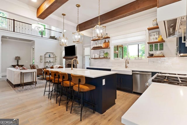 4110 Gentle Breeze Way, Braselton, GA 30517 - kitchen with open shelves, dishwasher, beam ceiling, a sink, and decorative backsplash