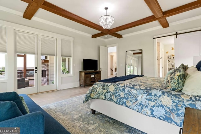4110 Gentle Breeze Way, Braselton, GA 30517 - bedroom with coffered ceiling, multiple windows, wood finished floors, beamed ceiling, and a barn door