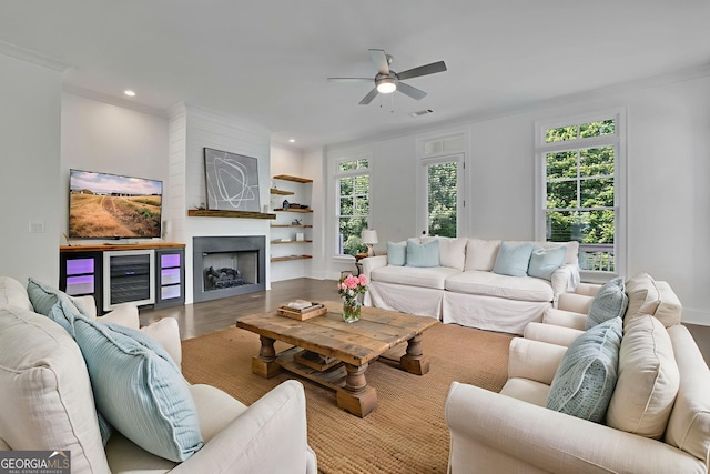 113 Quinn Way, Milton, GA 30004 - living area featuring wood finished floors, a ceiling fan, ornamental molding, recessed lighting, and a fireplace