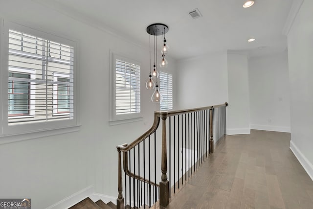 113 Quinn Way, Milton, GA 30004 - hall featuring baseboards, ornamental molding, an upstairs landing, recessed lighting, and wood finished floors