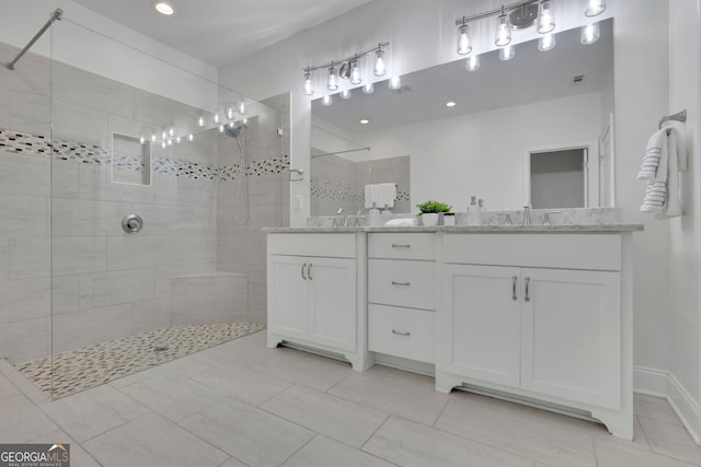 113 Quinn Way, Milton, GA 30004 - bathroom featuring double vanity, walk in shower, and recessed lighting