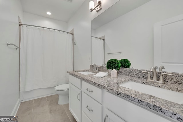 113 Quinn Way, Milton, GA 30004 - full bathroom featuring double vanity, toilet, shower / tub combo with curtain, and recessed lighting