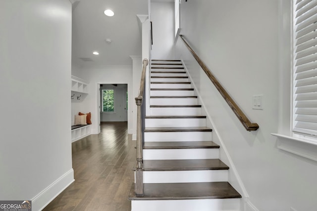 113 Quinn Way, Milton, GA 30004 - staircase with recessed lighting, wood finished floors, crown molding, and baseboards