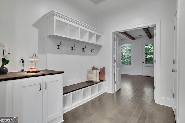 113 Quinn Way, Milton, GA 30004 - mudroom featuring dark wood-style flooring, ornamental molding, beam ceiling, and baseboards