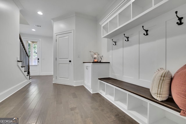 113 Quinn Way, Milton, GA 30004 - mudroom featuring dark wood-type flooring, recessed lighting, and baseboards