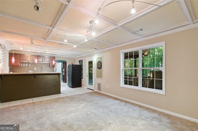 14 Augusta Way, Hiram, GA 30141 - unfurnished living room with light colored carpet, wet bar, coffered ceiling, baseboards, and light tile patterned flooring