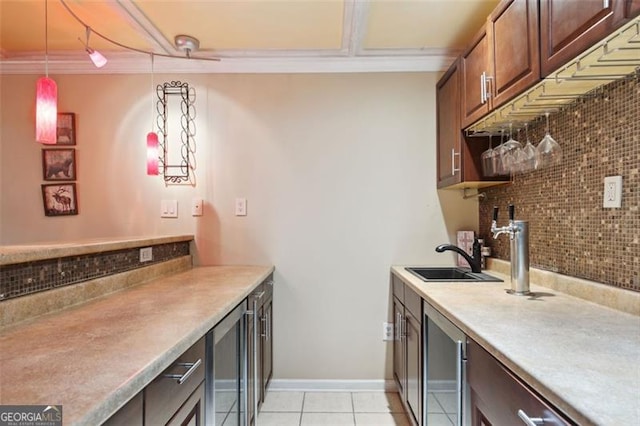 14 Augusta Way, Hiram, GA 30141 - indoor wet bar featuring tasteful backsplash, light tile patterned floors, hanging light fixtures, and wine cooler