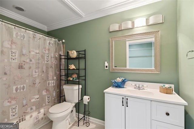 14 Augusta Way, Hiram, GA 30141 - full bath with ornamental molding, toilet, vanity, a shower with curtain, and baseboards