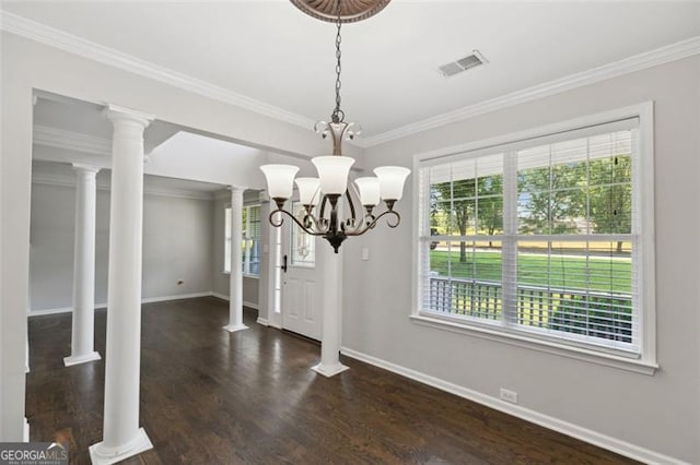 14 Augusta Way, Hiram, GA 30141 - unfurnished dining area featuring a chandelier, baseboards, wood finished floors, and crown molding
