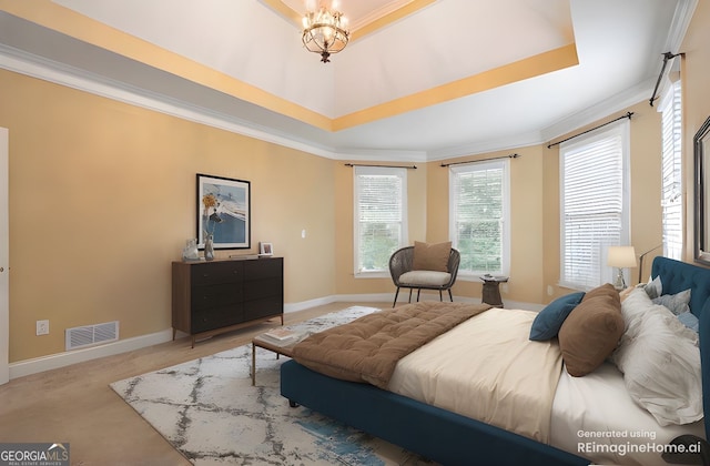 203 Crescent Moon Way, Canton, GA 30114 - carpeted bedroom with crown molding, baseboards, and a chandelier