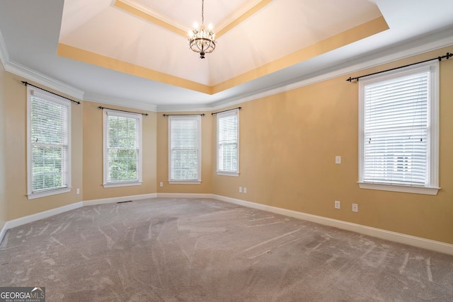 203 Crescent Moon Way, Canton, GA 30114 - carpeted spare room with a tray ceiling, ornamental molding, a chandelier, and baseboards