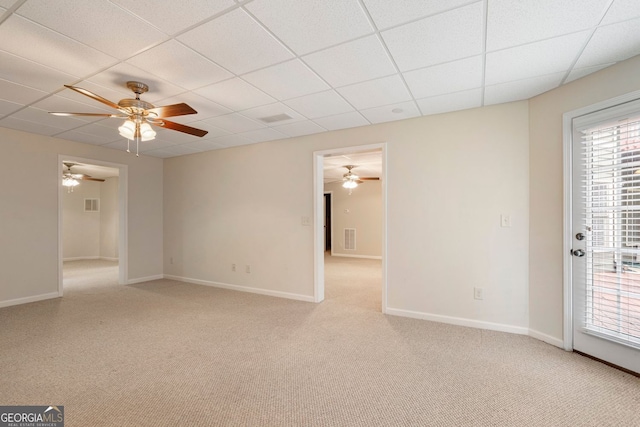 203 Crescent Moon Way, Canton, GA 30114 - empty room featuring ceiling fan, light colored carpet, a paneled ceiling, and baseboards