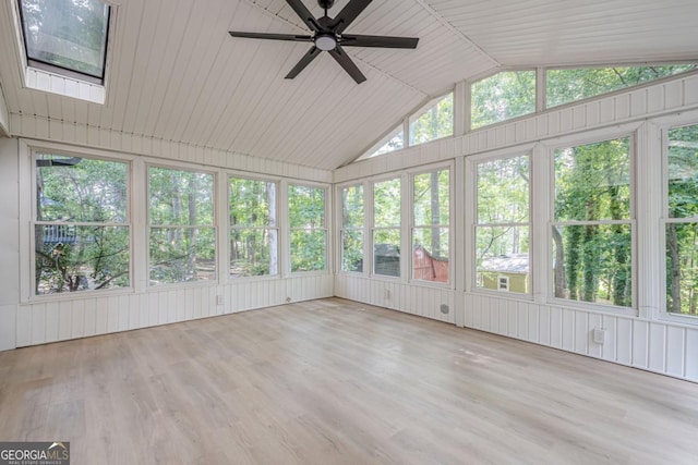2825 Shea Way SW, Marietta, GA 30060 - unfurnished sunroom with ceiling fan, lofted ceiling, wood finished floors, and a skylight