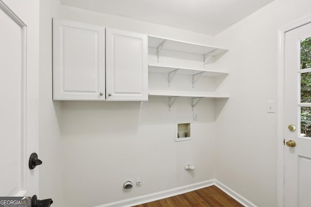 5240 Arrie Way, Atlanta, GA 30360 - washroom with hookup for a washing machine, dark wood-style flooring, electric dryer hookup, baseboards, and cabinet space