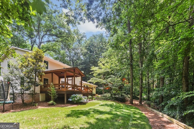 5240 Arrie Way, Atlanta, GA 30360 - view of grassy yard with a trampoline and a wooden deck