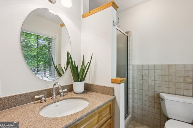 5240 Arrie Way, Atlanta, GA 30360 - full bath featuring vanity, a stall shower, tile walls, and toilet