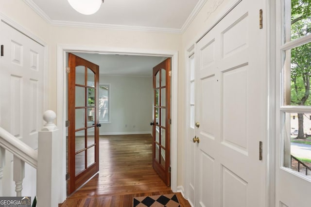 5240 Arrie Way, Atlanta, GA 30360 - foyer entrance featuring healthy amount of natural light, french doors, dark wood-type flooring, crown molding, and baseboards